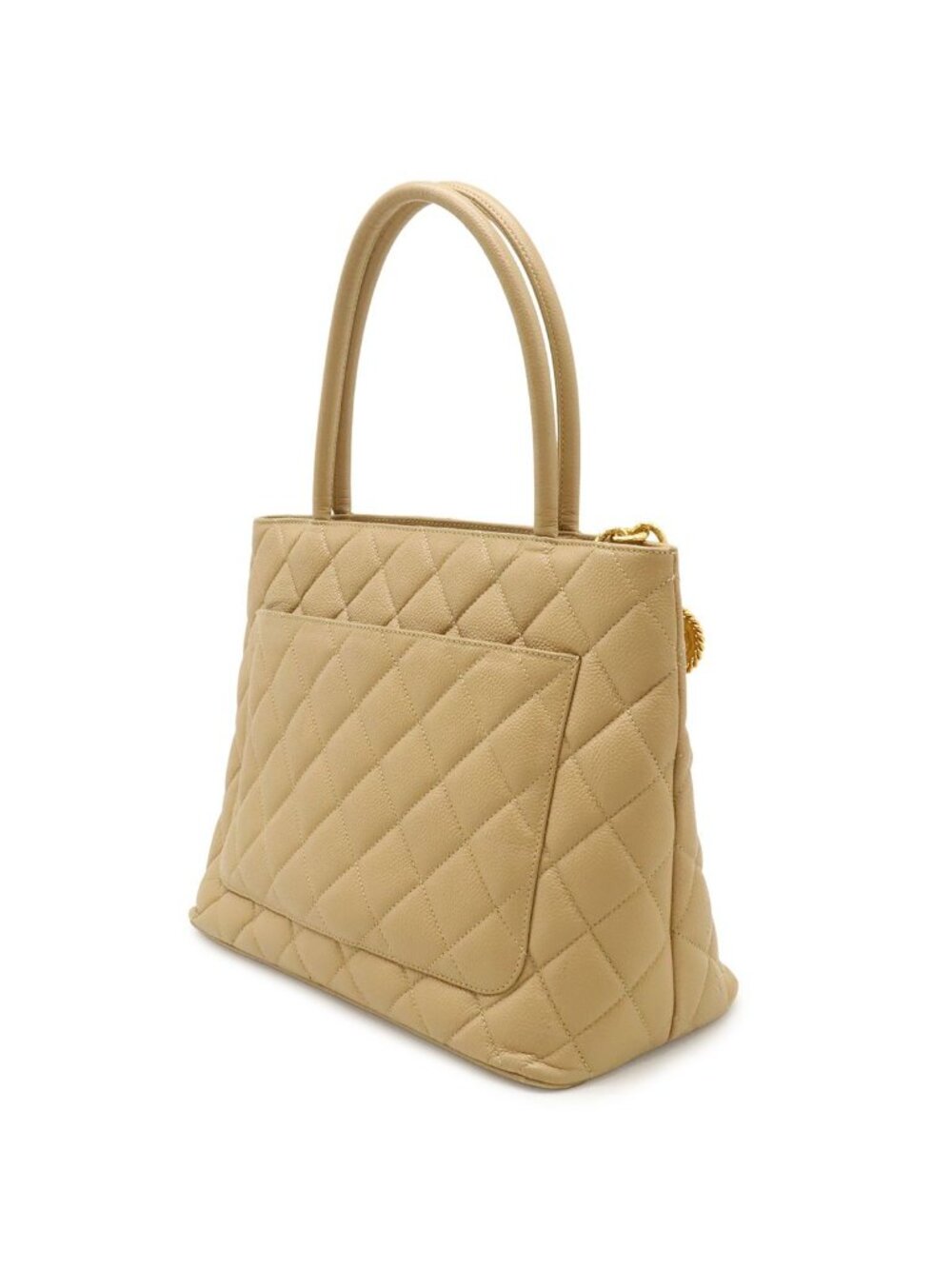 Chanel Quilted CC Logo Medallion Tote Shoulder Bag Caviar Leather Beige Gold - Picture 2 of 9